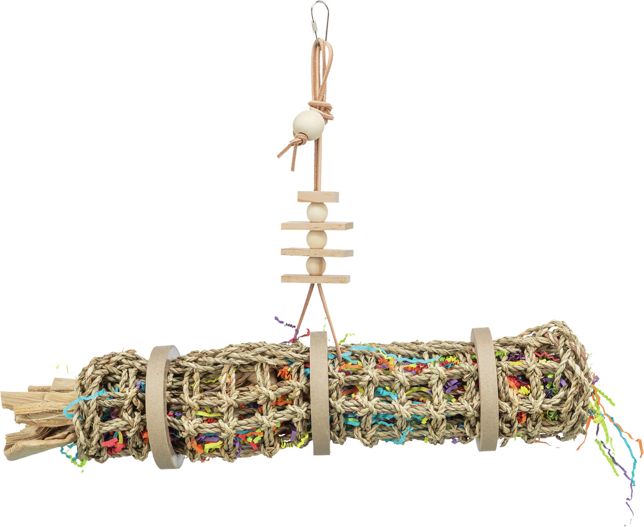 TRIXIE Natural Living Spielrolle für Ziervögel, Naturmaterial, mit Papier & Holz, fördert Instinkte, inkl. Haken, ca. 30 cm.