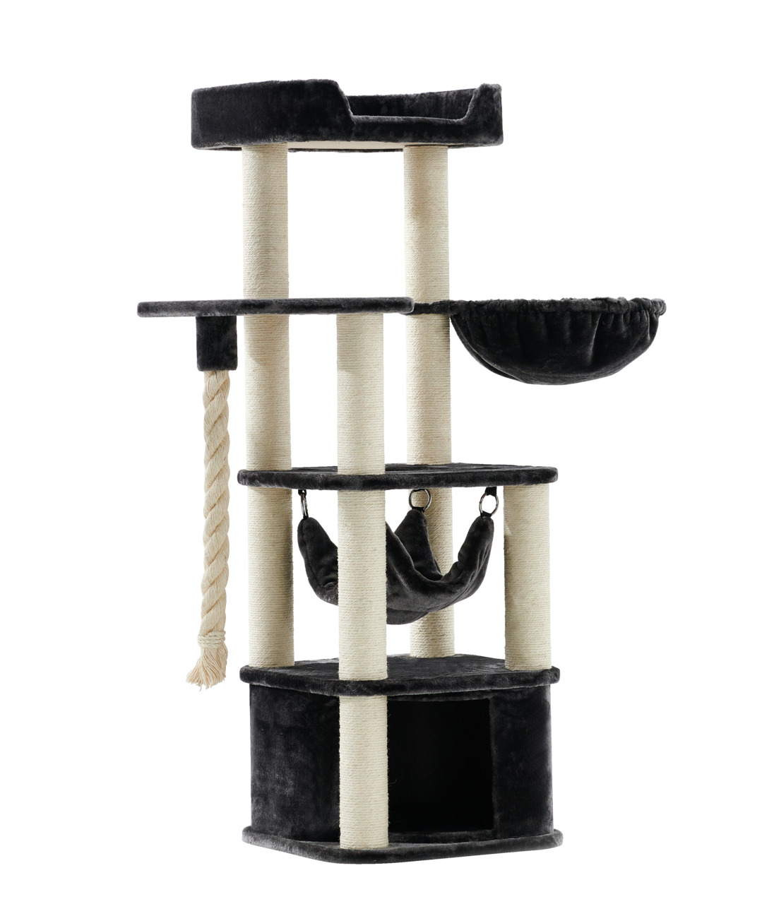 Das Bild zeigt den Kratzbaum "Nobby Kratzbaum Motega" für Katzen. Der Kratzbaum ist in Schwarz und Beige gehalten und bietet mehrere Ebenen, eine Hängematte, eine Höhle, eine Liegemulde sowie eine Kletterseil-Option. Er ist ideal für Katzen aller Altersgr