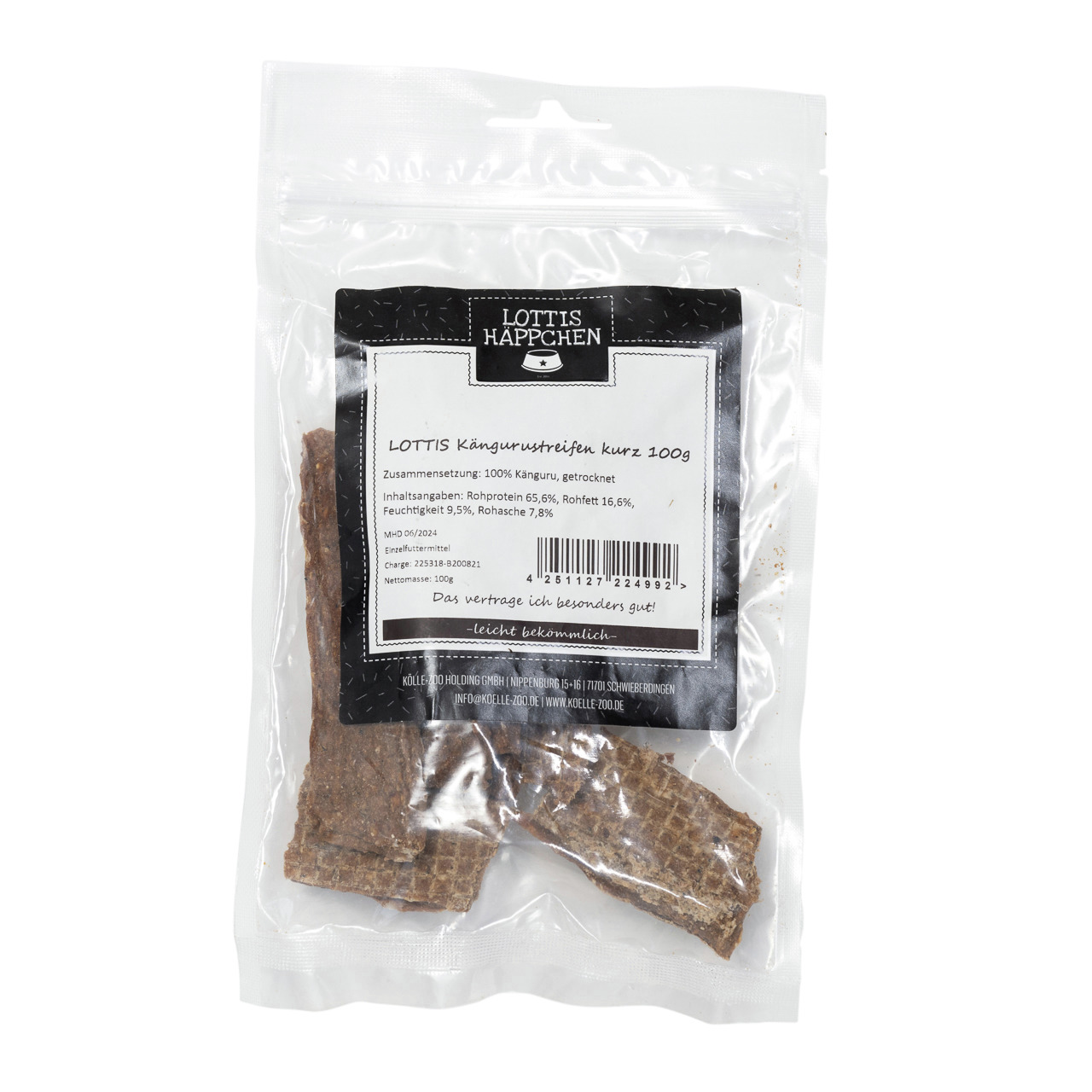 Das Bild zeigt eine transparente Verpackung des Produkts „Lottis Häppchen Kängurustreifen kurz 100g“. Die Marke ist Lottis Häppchen, und das Produkt richtet sich an Hunde. Es handelt sich um getrocknete Kängurustreifen, die leicht bekömmlich sind. Die Ver