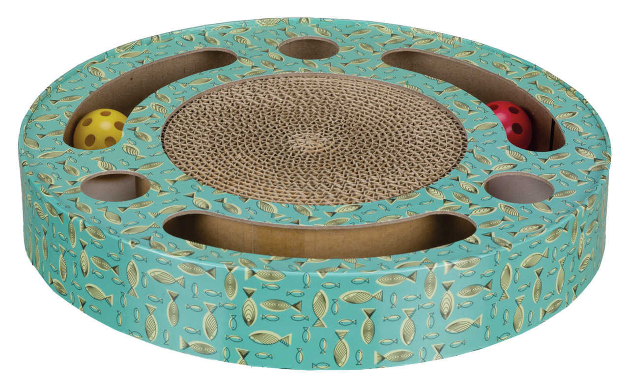 TRIXIE Katzenspielzeug, Ø 30 cm, Pappkarton mit Fischmuster, Kratzfläche & Spielbälle, fördert Aktivität & Spieltrieb.