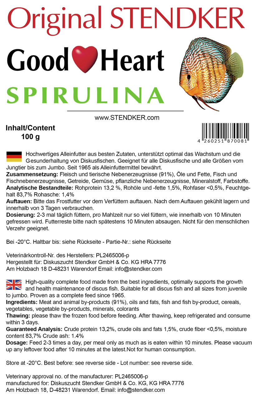 Original Stendker Good Heart Spirulina, Alleinfutter für Diskusfische (Jungtier-Jumbo), 100 g, mit Fleisch, Fisch, Gemüse & Spirulina.