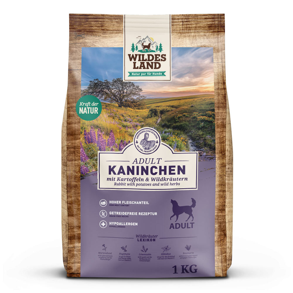 Wildes Land Hundefutter, 1 kg, Kaninchen, Kartoffeln & Wildkräuter, getreidefrei, hypoallergen, für ausgewachsene Hunde, hoher Fleischanteil.