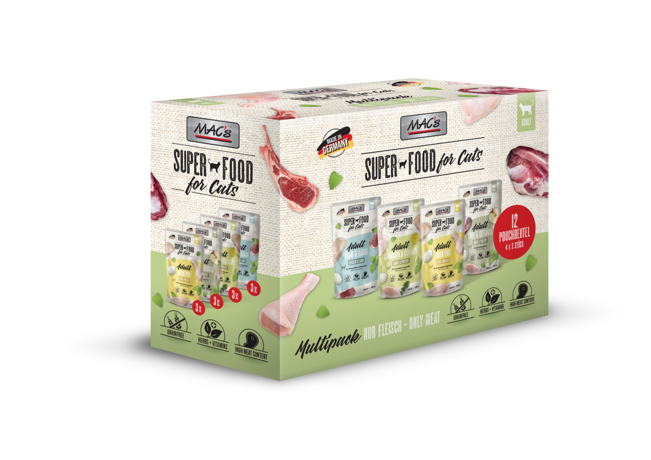 MAC's Superfood f. Cats, erw. Katzen, 12x85g, Huhn/Ente/Lamm/Pute, getreidefrei, reich an Fleisch, m. Kräutern u. Vitaminen, Made in DE.