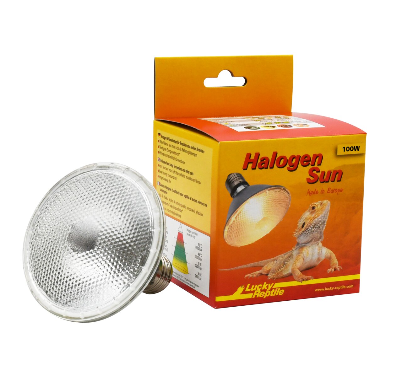 Halogenstrahler Lucky Reptile Halogen Sun 100W für Reptilien, erhöht Temperatur und UV-Ausbeute, ideal für Terrarien.