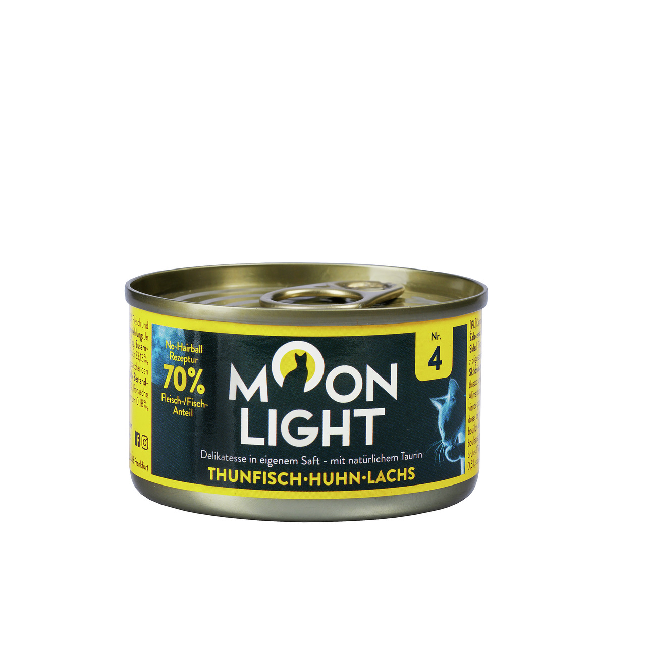 Moonlight Dinner Nr. 4 Katzenfutter, Thunfisch-Huhn-Lachs, 70 % Fleisch-Fisch, Delikatesse m. Taurin, No-Hairball, 125 g.