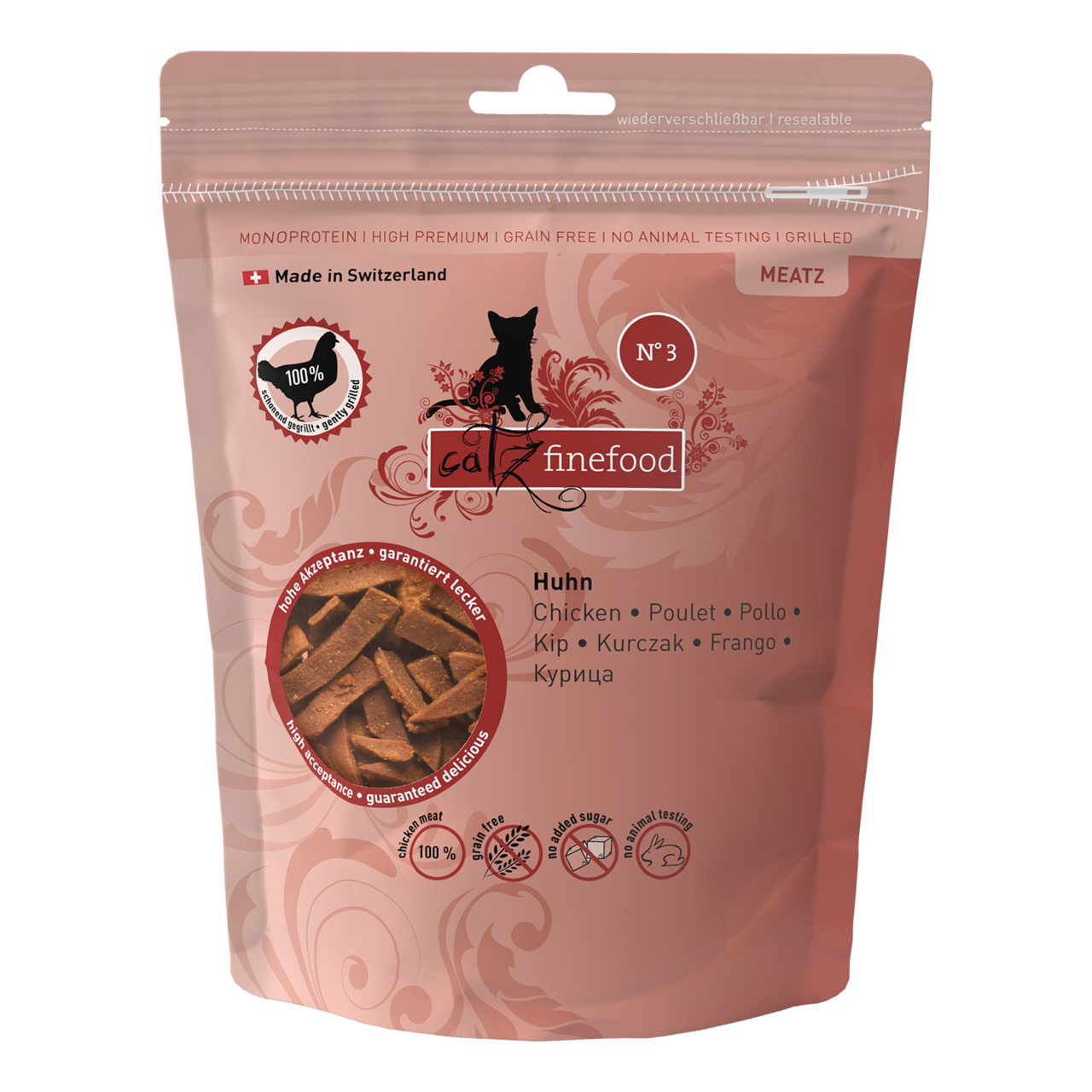 Catz finefood Meatz Nr. 3, Huhn, Katzen, 100 g, wiederverschließbar, getreidefrei, ohne Zuckerzusatz, ohne Tierversuche, Schweiz.