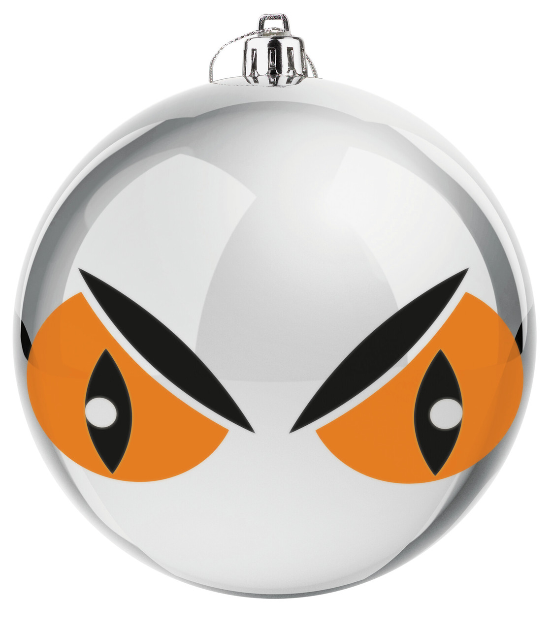 Eine glänzende, weiße Weihnachtskugel mit auffälligem Design: Zwei große, orangefarbene Augen mit schwarzen Pupillen und markanten schwarzen Augenbrauen, die einen intensiven, wachsamen Ausdruck erzeugen. Die Kugel hat eine silberne Aufhängung und reflekt