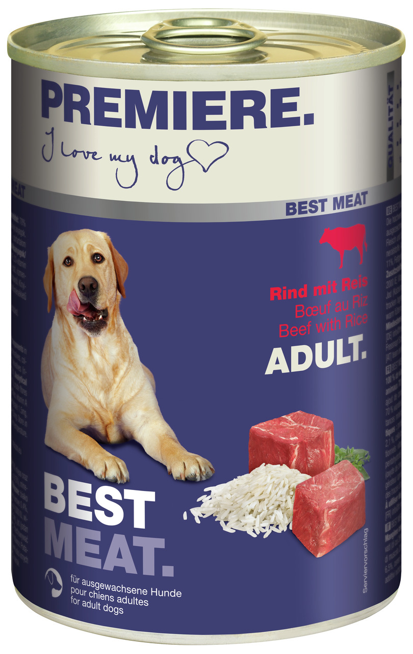 Eine Dose PREMIERE Hundefutter mit der Geschmacksrichtung Rind mit Reis, geeignet für ausgewachsene Hunde. Die Verpackung zeigt ein Bild eines Hundes, Fleischstücke und Reis. Produktmenge: 400 g. Werbeslogan: "I love my dog". Hochwertiges Nassfutter für e