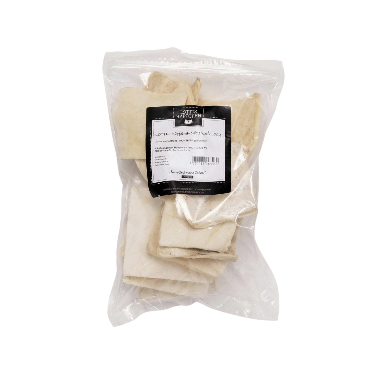 LOTTIS Häppchen Büffelhautchips weiß 500g für Hunde, 100% Büffelhaut, Kausnack zur Zahnpflege.