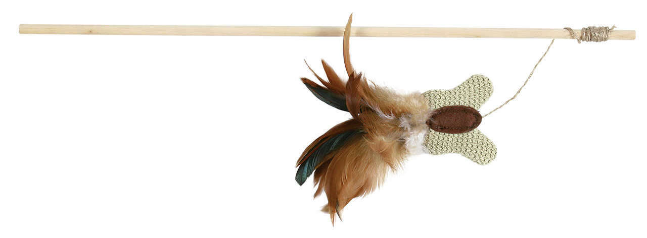 TRIXIE Holz-Katzenangel, Spielzeuganhänger mit Federn (Braun-Beige), für Katzen, fördert Spieltrieb, Stablänge ca. 50 cm.
