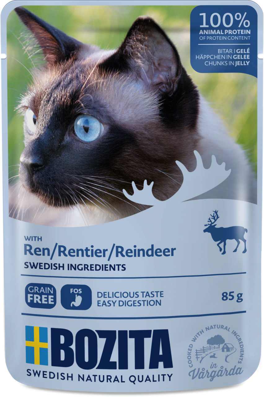 Bozita Häppchen in Gelee mit Rentier, 85 g, für Katzen. Getreidefreies Nassfutter, leicht verdaulich, 100 % tierisches Protein, schwedische Qualität.