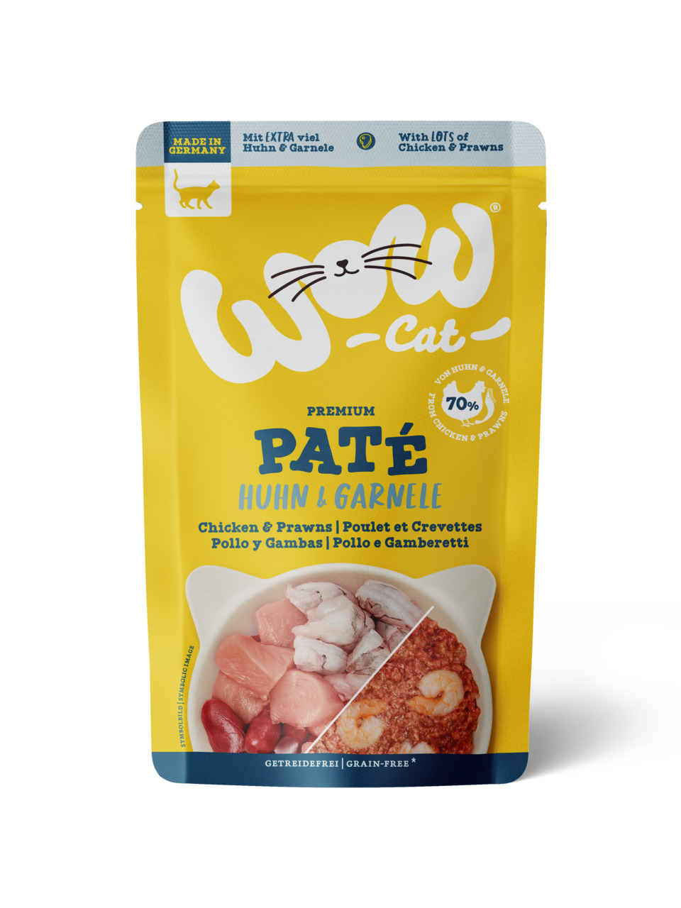 Das Bild zeigt eine gelbe Verpackung des Katzenfutters „WOW CAT Premium Paté Huhn & Garnele“. Es ist speziell für Katzen entwickelt und enthält 70 % Huhn und Garnelen. Die Verpackung betont, dass das Produkt getreidefrei ist und in Deutschland hergestellt