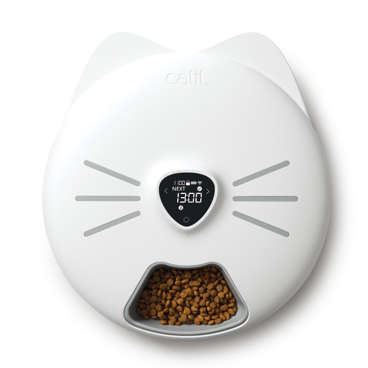Catit PIXI Smart Futterautomat, Katzen, weiß, Katzenkopf-Design, digitales Display, präzise Fütterung, inkl. Trockenfutter.