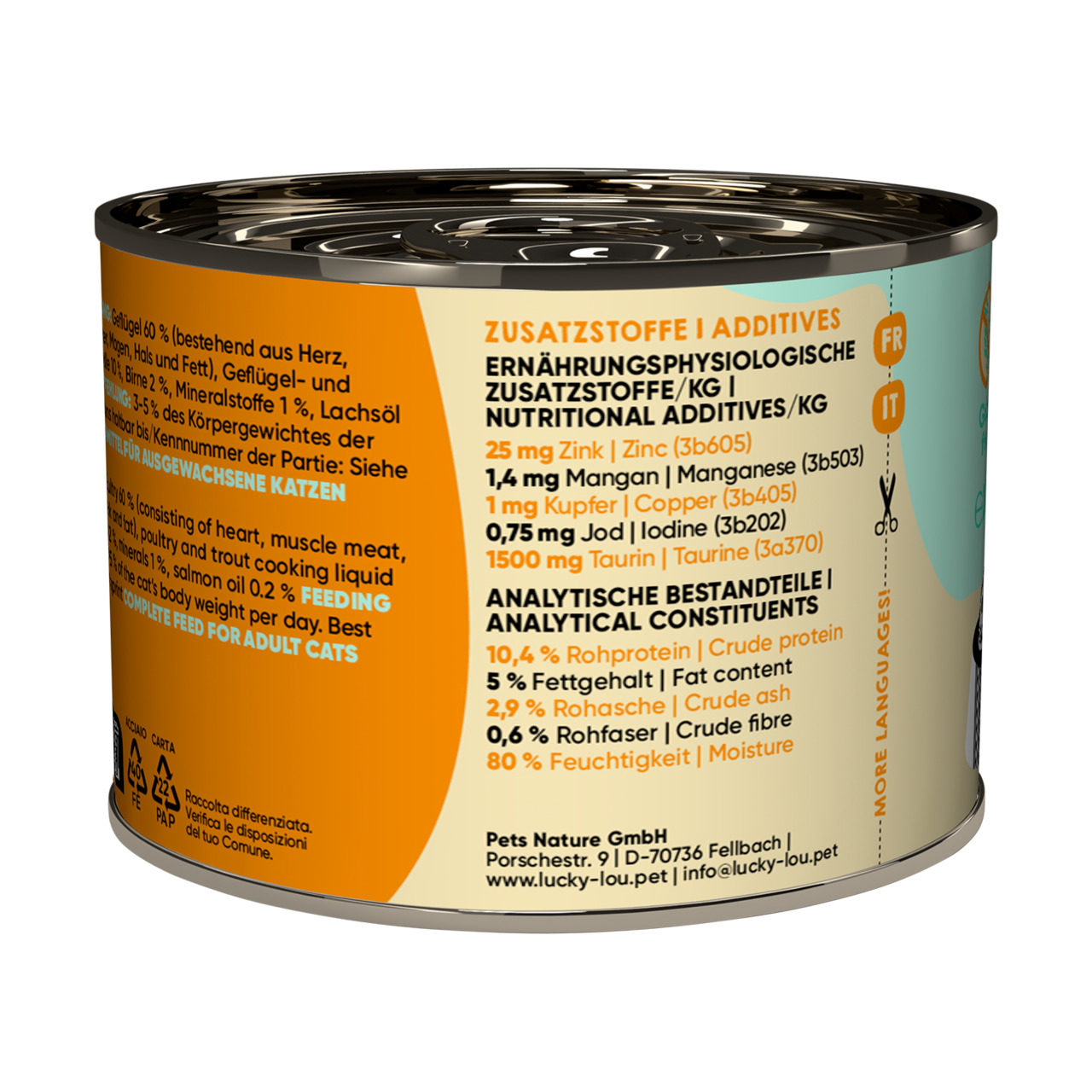 Lucky Lou Katzenfutter, Geflügel, für ausgewachsene Katzen, mit Lachsöl & Taurin, 200 g, 10,4 % Protein, 5 % Fett, ausgewogene Ernährung.