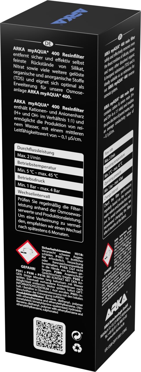 ARKA myAQUA 400 Resinfilter für Osmoseanlagen, für Aquaristik, entfernt Silikat-Nitrat, 2 l-min, schwarz verpackt