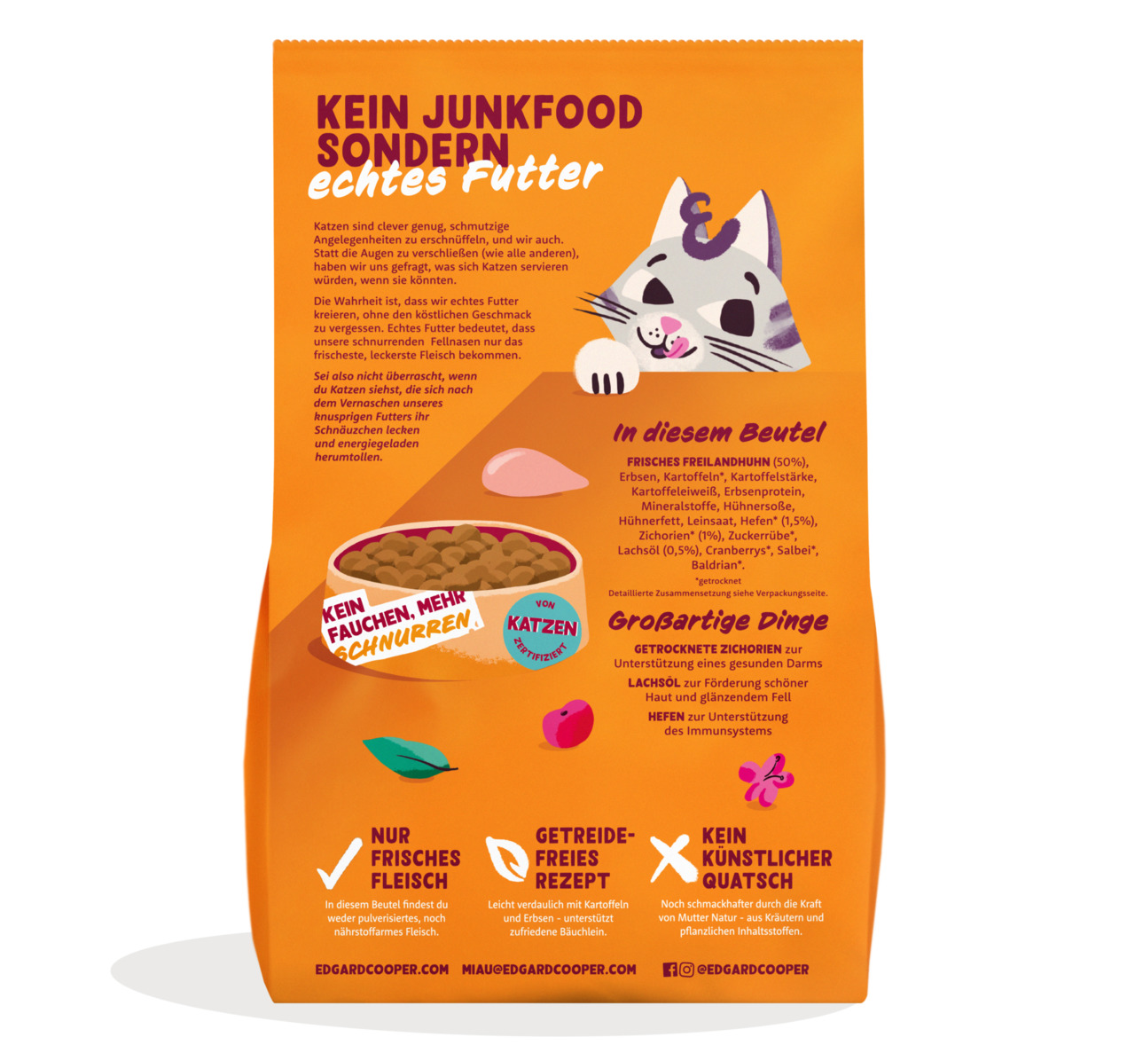 Edgard & Cooper Freilandhuhn Katzenfutter, getreidefrei, 50 % frisches Huhn, Erbsen, Kartoffeln, natürl. Zutaten. „Kein Fauchen, mehr Schnurren“.