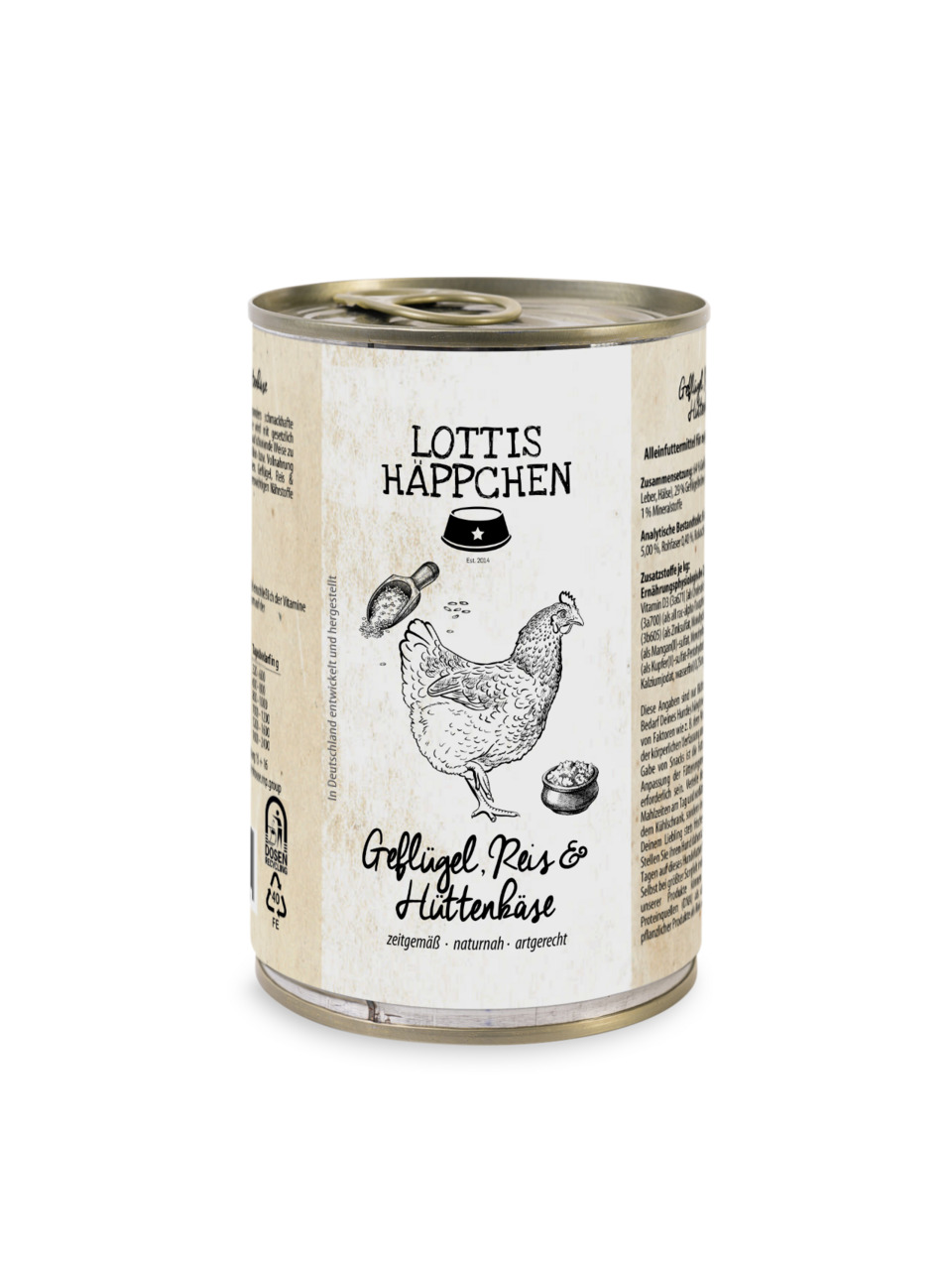 Das Bild zeigt eine Dose des Hundefutters „Lottis Häppchen“ mit der Geschmacksrichtung Geflügel, Reis und Hüttenkäse. Die Zielgruppe sind Hunde. Die Verpackung betont die artgerechte, naturnahe und zeitgemäße Herstellung. Die Menge beträgt 400 g. Die Dose