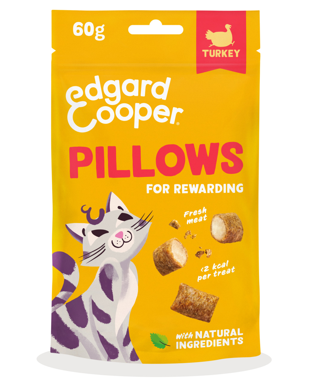 Das Bild zeigt eine gelbe Verpackung der Marke Edgard & Cooper mit der Aufschrift „Pillows for Rewarding“. Es handelt sich um Katzensnacks mit Truthahngeschmack, geeignet für Katzen. Die Verpackung enthält 60 g und wirbt mit frischem Fleisch, natürlichen 