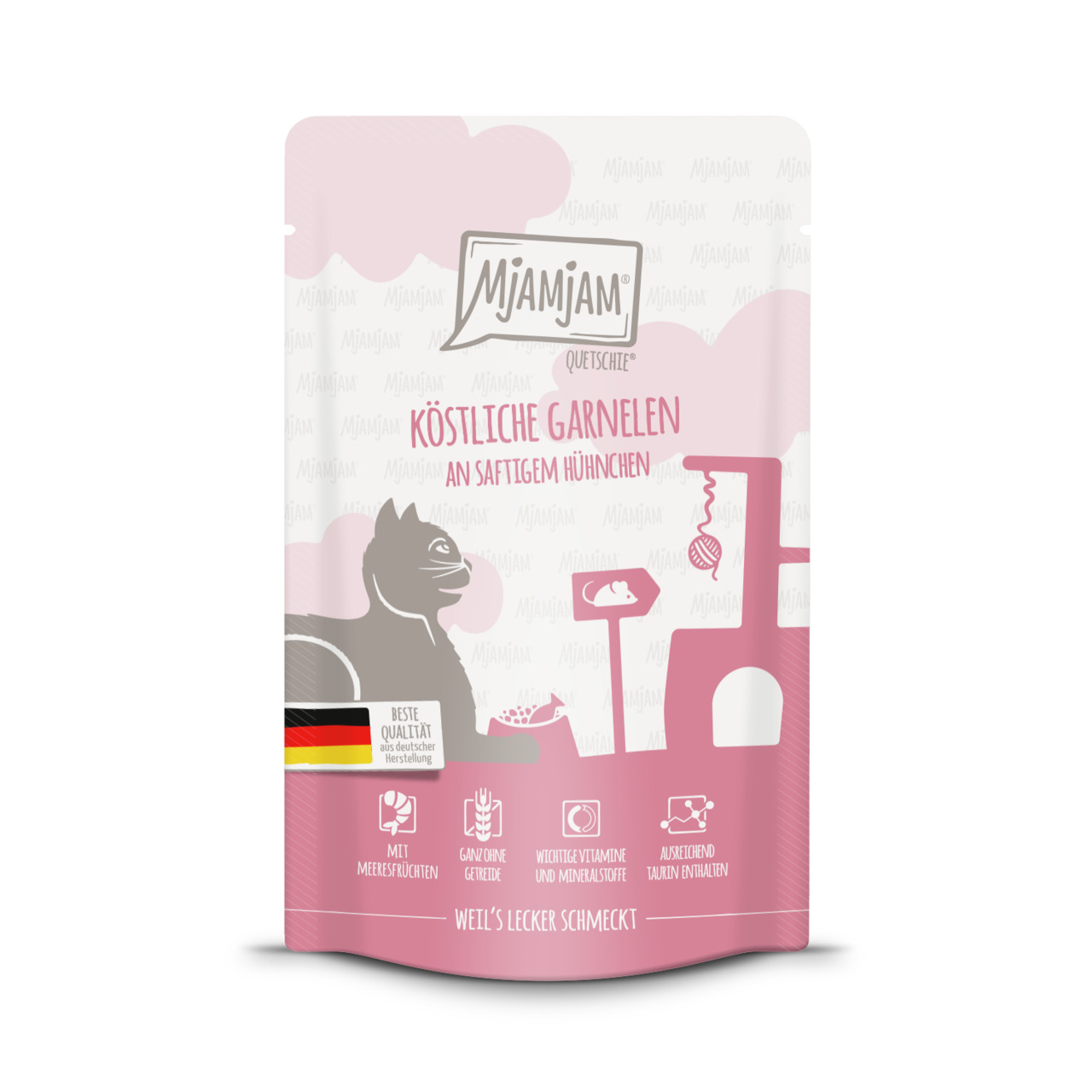 MJAMJAM Köstliche Garnelen an saftigem Hühnchen, für Katzen, Garnelen & Hühnchen, beste Qualität, ohne Getreide, 125g.