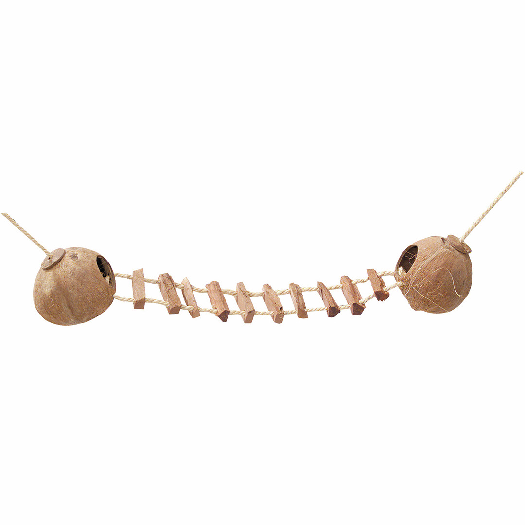 ebi Kokosnuss-Hängebrücke, für Hamster/Mäuse, aus 2 Kokosnusshälften mit Holzbrücke, ideal für Spiel, Versteck, Klettern, Aktivität.