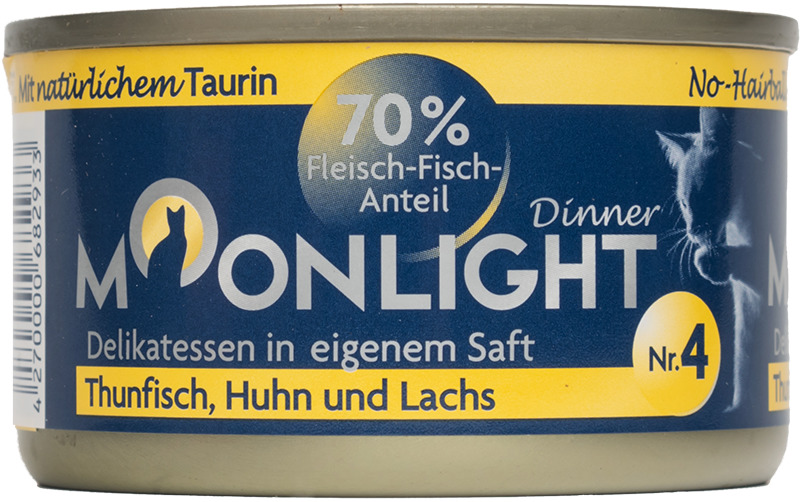 Sparpaket 24 x 80 g Moonlight Dinner Nr. 4 Thunfisch, Huhn und Lachs in eigenem Saft Katzen Nassfutter