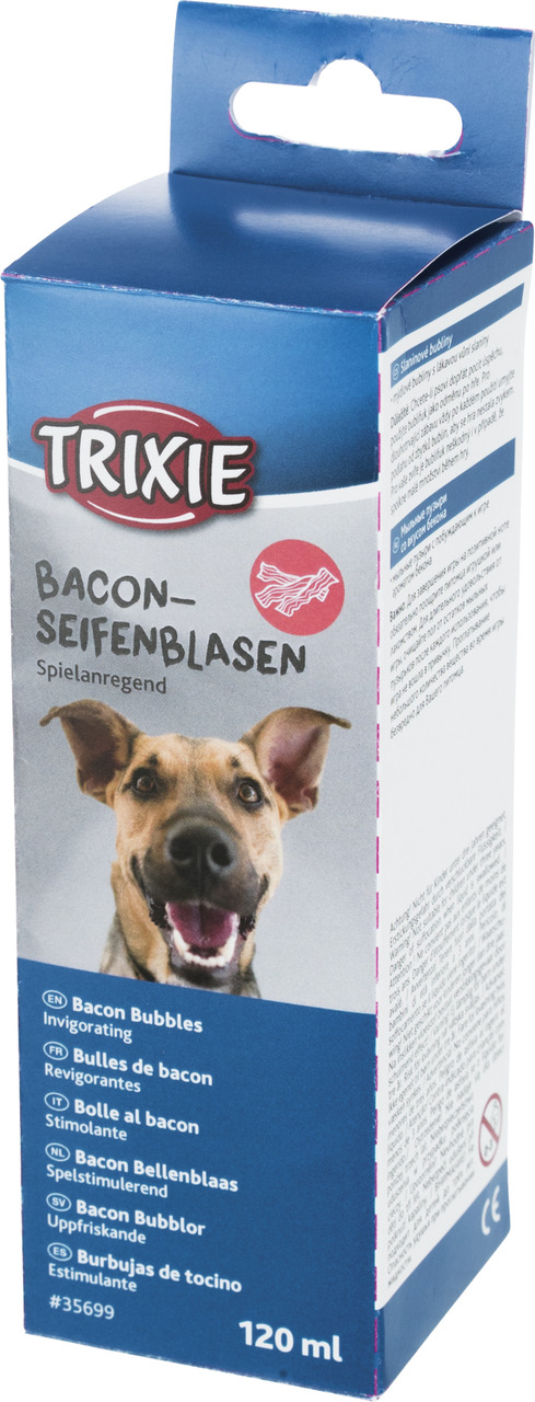 TRIXIE Bacon-Seifenblasen, 120 ml, Spielzeug für Hunde, Bacon-Geschmack, spielerisch stimulierend, fröhlicher Hund auf Verpackung.
