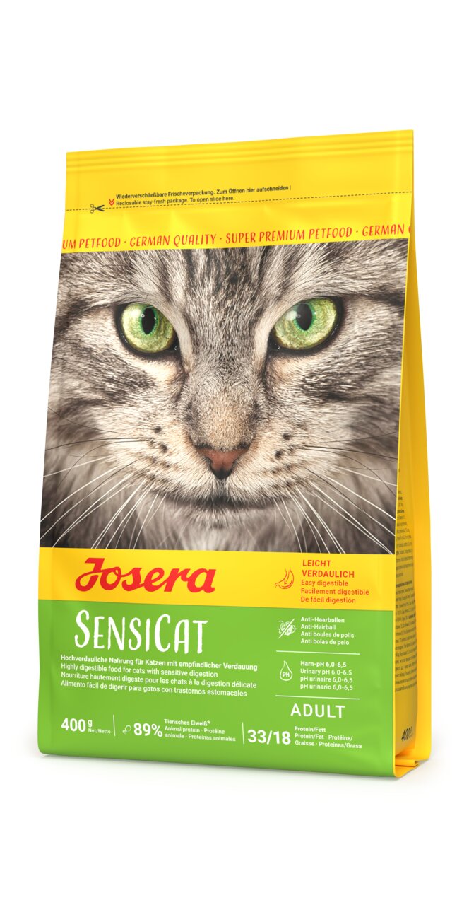 Josera SensiCat Katzentrockenfutter für adulte Katzen, Geflügel, leicht verdaulich, anti-Haarballen, 400 g Beutel.