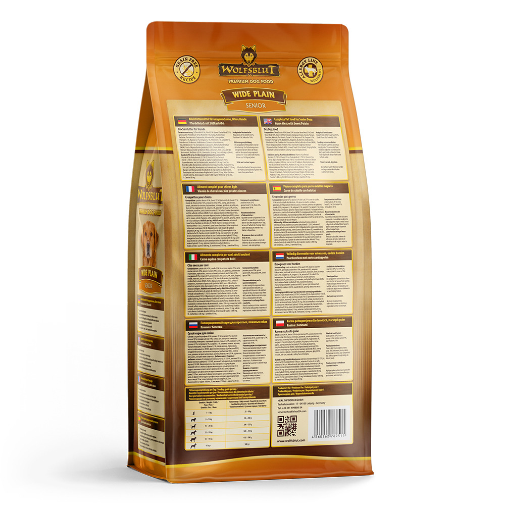 Wolfsblut Wide Plain Senior, Trockenfutter für ältere Hunde, Pferd, getreidefrei, 15 kg.