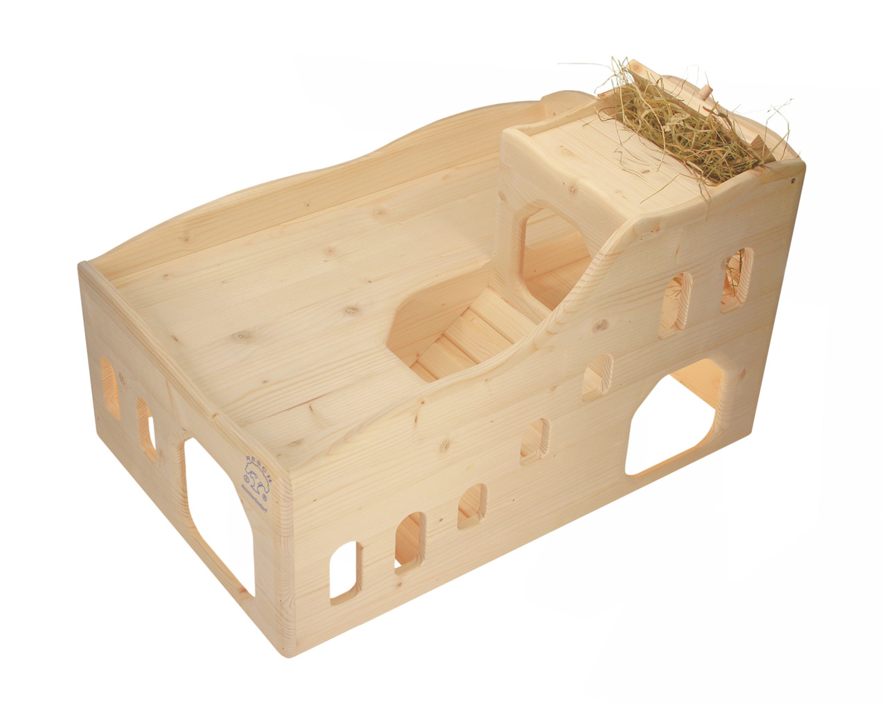 Resch Holzhaus f. Kaninchen-Meerschweinchen, naturbelassen, m. Eingängen, Plattform, Heuraufe. Maße u. Details siehe Bild.
