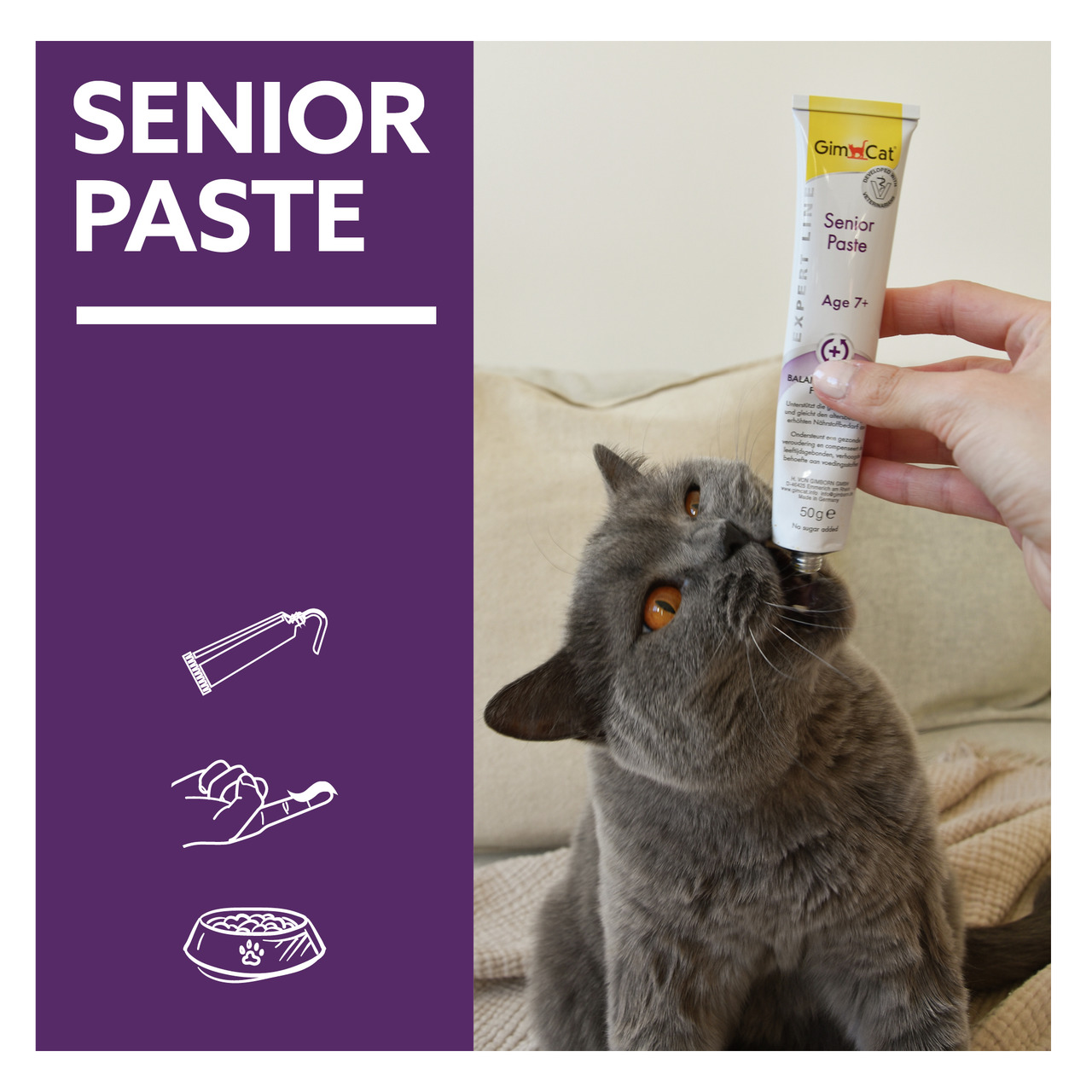 GimCat Senior Paste, Katzen ab 7 J., unterstützt Gesundheit älterer Katzen, 50 g, gelb-weißes Design.