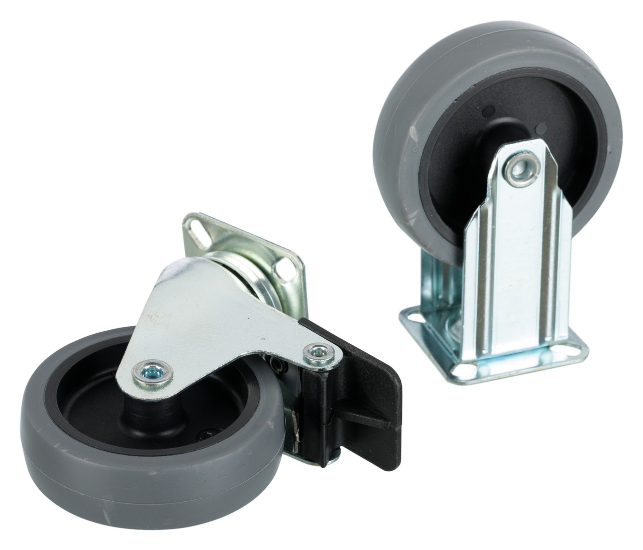 Graue Rollen mit Metallhalterung, 1x schwenkbar mit Platte, 1x fest, aus Kunststoff/Metall, für Möbel/Transportgeräte, glatte Böden.