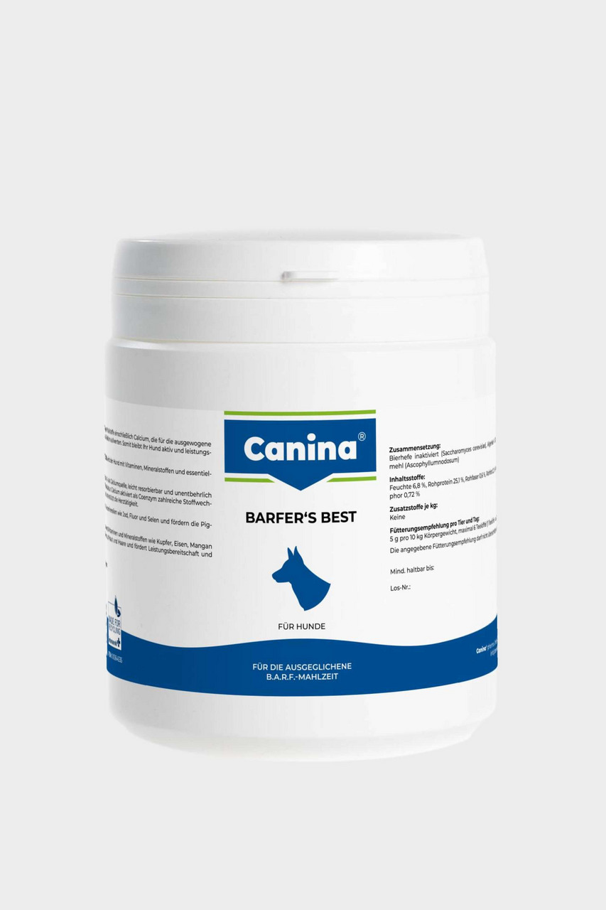Das Bild zeigt eine weiße Kunststoffdose des Produkts „Canina Barfer's Best“ für Hunde. Es handelt sich um ein Nahrungsergänzungsmittel speziell für die ausgewogene B.A.R.F.-Mahlzeit. Die Dose trägt ein blau-weißes Etikett mit einem Hundesymbol. Die Menge