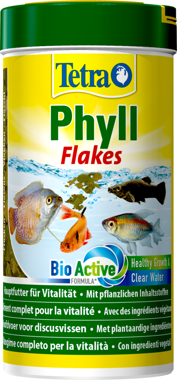 Das Bild zeigt eine gelbe Dose des Fischfutters „Tetra Phyll Flakes“ der Marke Tetra. Es handelt sich um Hauptfutter für Zierfische, speziell für pflanzenfressende Arten. Die Verpackung wirbt mit der „BioActive-Formel“ für gesunden Wachstum und klares Was