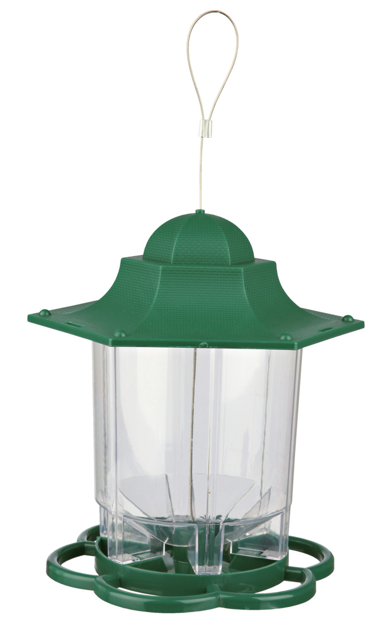 Grüner Vogelfutterspender der Marke TRIXIE mit sechseckigem Dach und transparentem Behälter zur einfachen Kontrolle des Futterstands. Geeignet für Wildvögel, ideal zur Aufhängung im Garten oder auf dem Balkon. Robustes Design mit mehreren Sitzringen für g