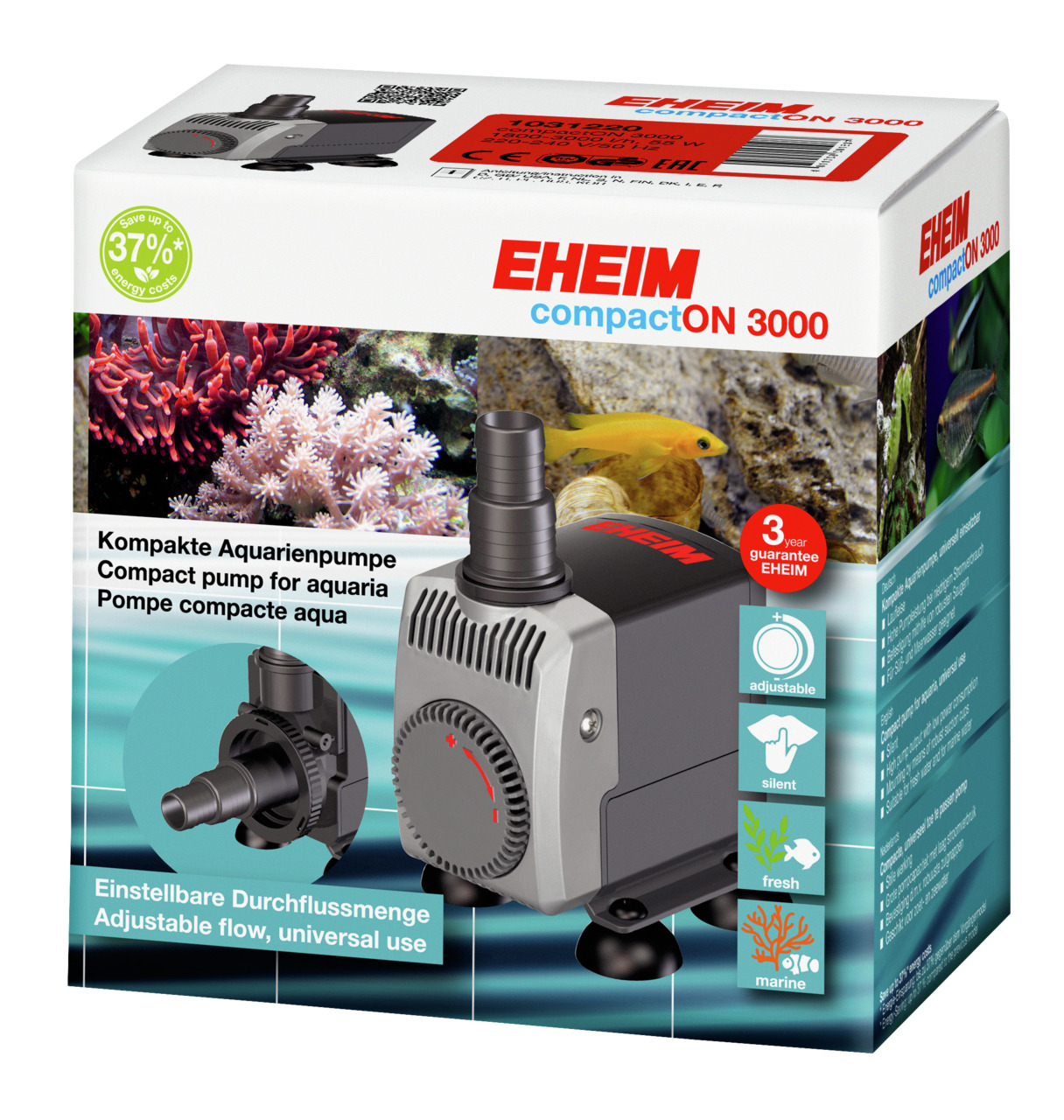 EHEIM compactON 3000: kompakte Pumpe für Süß-/Meerwasser, leise, energieeffizient, einstellbar, 3 Jahre Garantie, ideal für Aquarien.