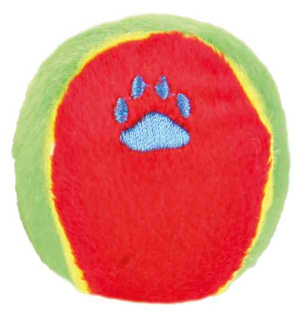 TRIXIE Hundespielzeug-Ball, Plüsch, rot mit grünen-gelben Akzenten, blaue Pfotenstickerei, für Hunde, fördert Spiel & Bewegung.