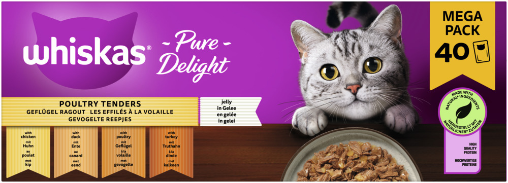 Whiskas Pure Delight Poultry Tenders, Katzen, Geflügelragout (Huhn, Ente, Pute), 40 Beutel, hochwertige Proteine, natürliche Zutaten.