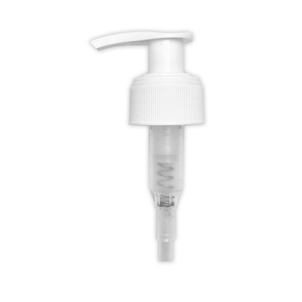 Weiße Kunststoffpumpe mit ergonom. Kopf, transpar. Feder, präzise Dosierung, leicht bedienbar, für Kosmetik/Reinigungsmittel.