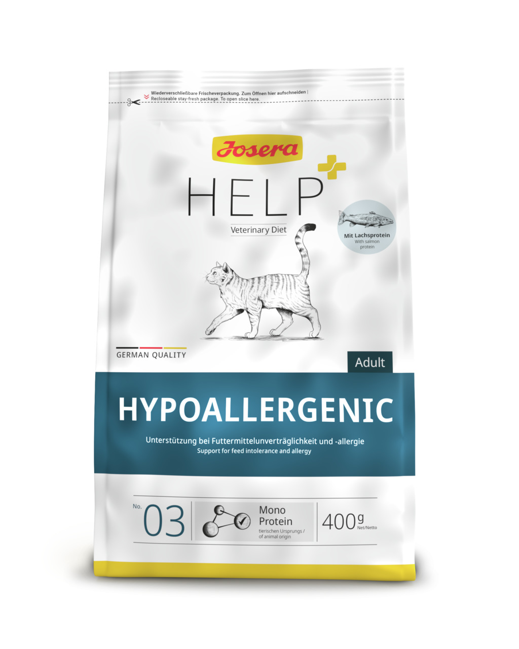 Josera Help Hypoallergenic, Katzenfutter für ausgewachsene Katzen, Lachsprotein, hypoallergen, 400 g, wiederverschließbar.