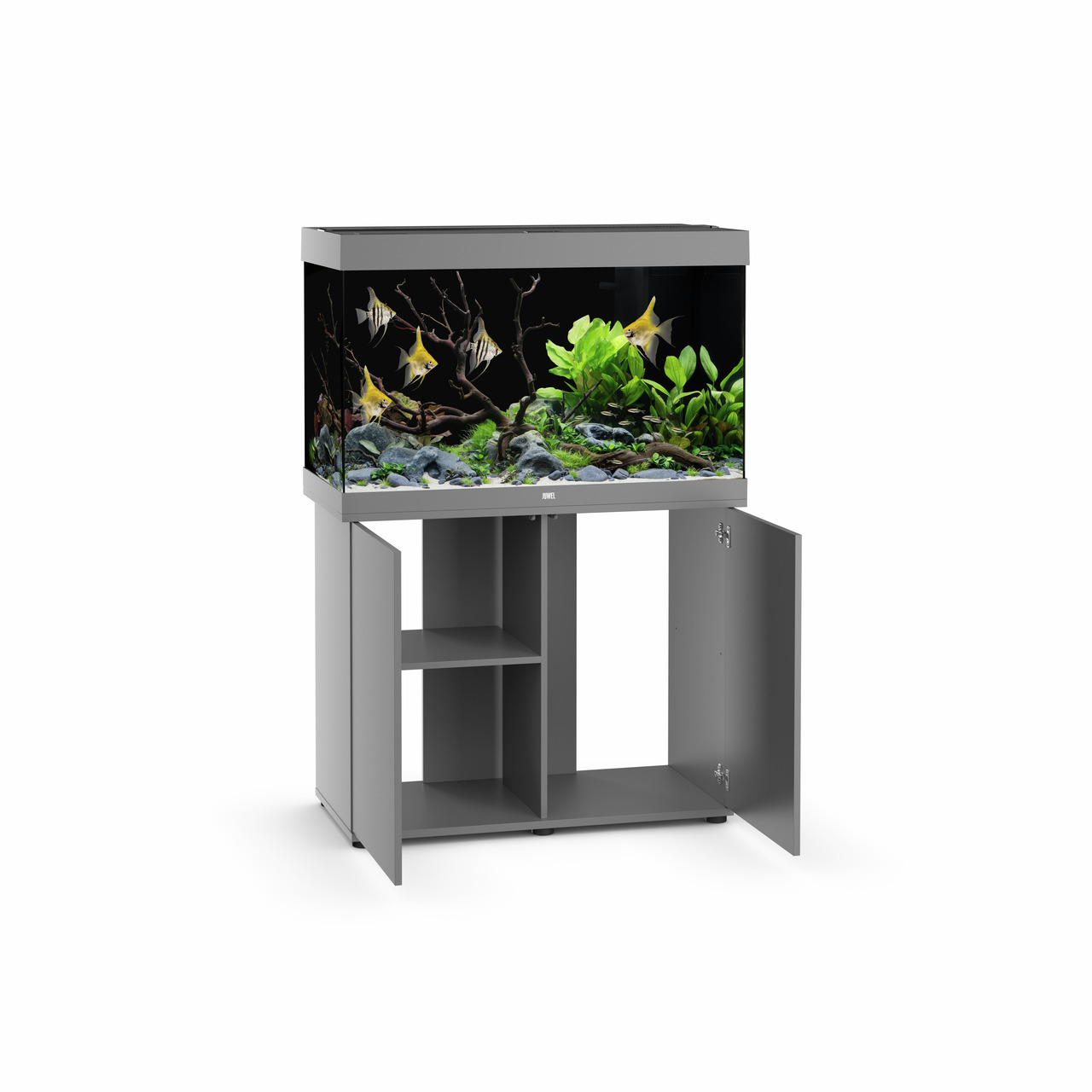 Das Bild zeigt das JUWEL Aquarium Rio 125 in Grau, ein hochwertiges Aquarium-Set für Aquaristik-Enthusiasten. Es umfasst ein rechteckiges Aquarium mit 125 Litern Fassungsvermögen, dekoriert mit Pflanzen, Steinen und Fischen. Der passende Unterschrank biet
