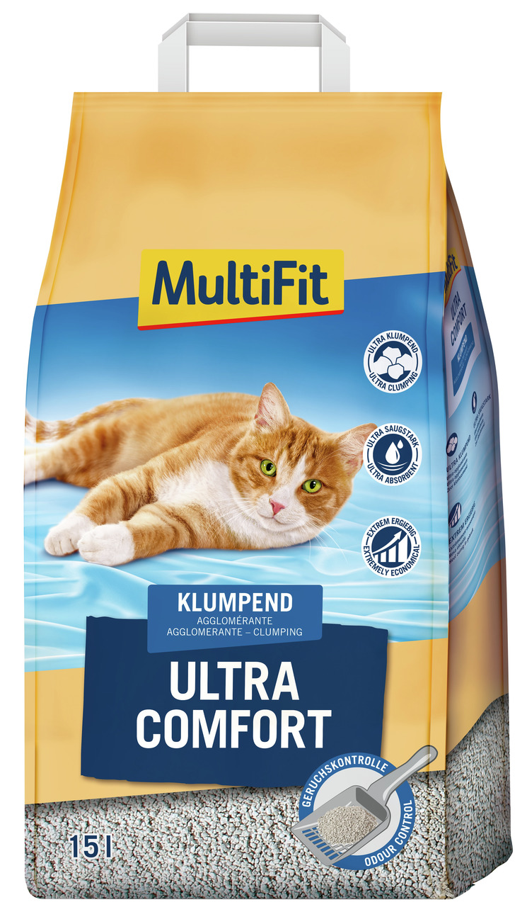 MultiFit Ultra Comfort Katzenstreu, klumpend, 15L, für Katzenhalter, Geruchskontrolle, hohe Saugfähigkeit, wirtschaftlich.