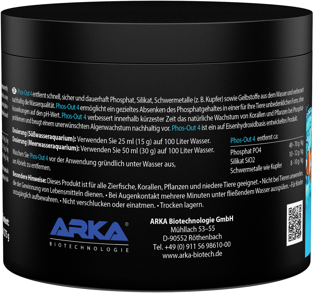 ARKA Phos-Out 4, Wasserpflegemittel f. Süß--Meerwasseraquarien, entfernt Phosphat-Silikat-Schwermetalle, 275 g.