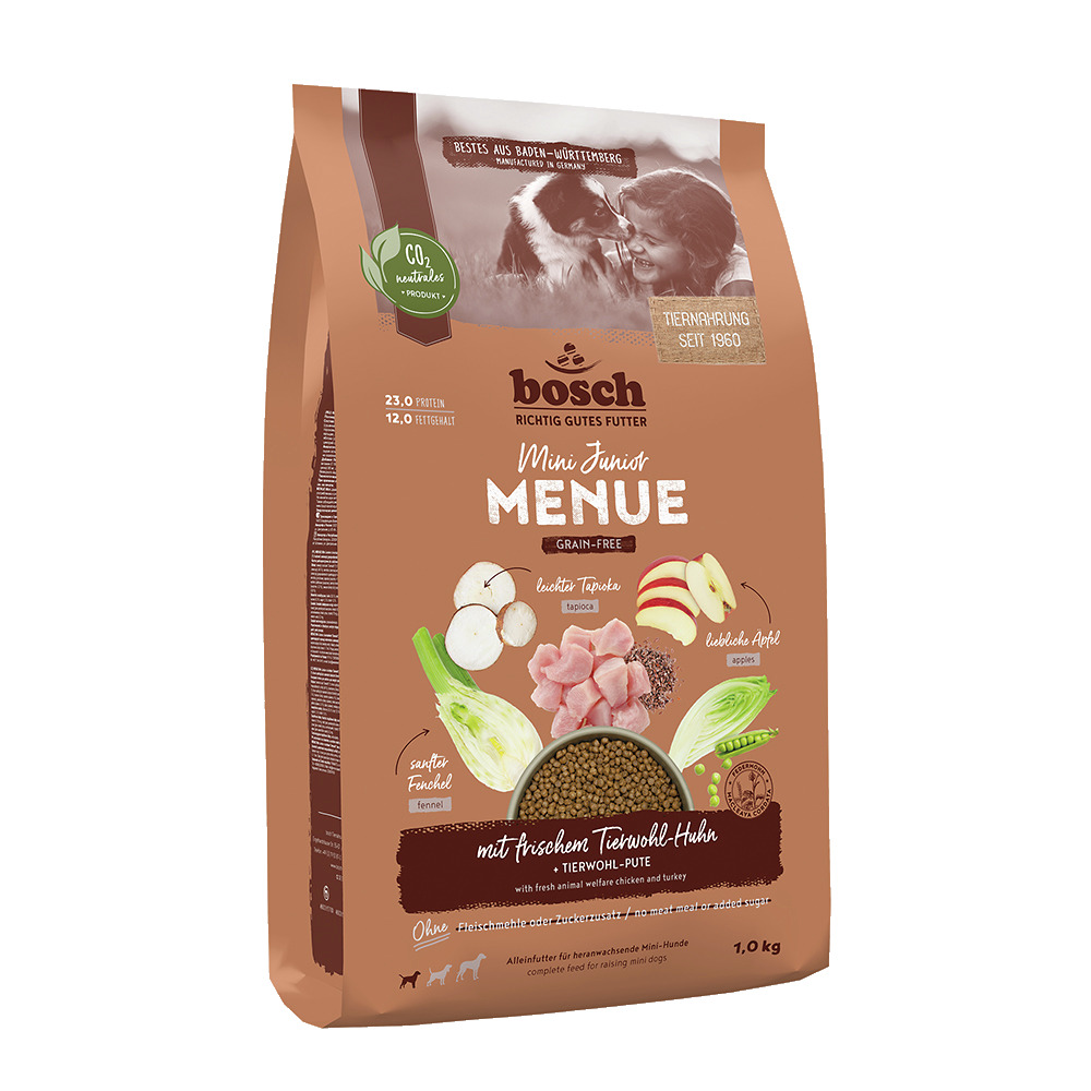 bosch Mini Junior Menue Grain-Free, Mini-Hunde, Huhn & Pute, ohne Getreide-Zucker, mit Fenchel & Apfel, 1,0 kg.