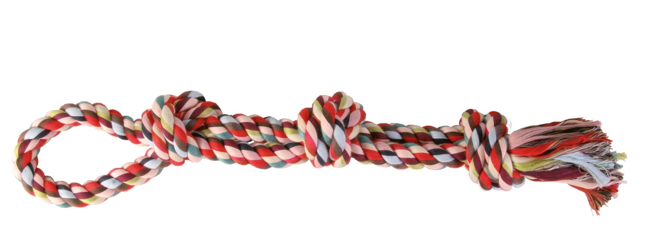 Das Bild zeigt ein buntes Hundespielzeug der Marke TRIXIE, bestehend aus einem robusten Knoten-Seil in Rot, Weiß, Grün und Gelb. Es ist für Hunde aller Größen geeignet und dient zur Zahnpflege sowie zum Spielen und Ziehen. Das Seil hat eine Schlaufe an ei
