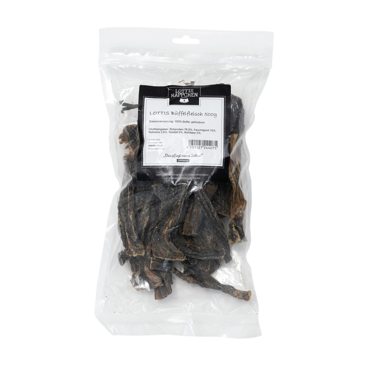 LOTTIS Häppchen Büffelfleisch 500g, Kauartikel f. Hunde, 100% Büffelfleisch, Zahnpflege, getrocknet.