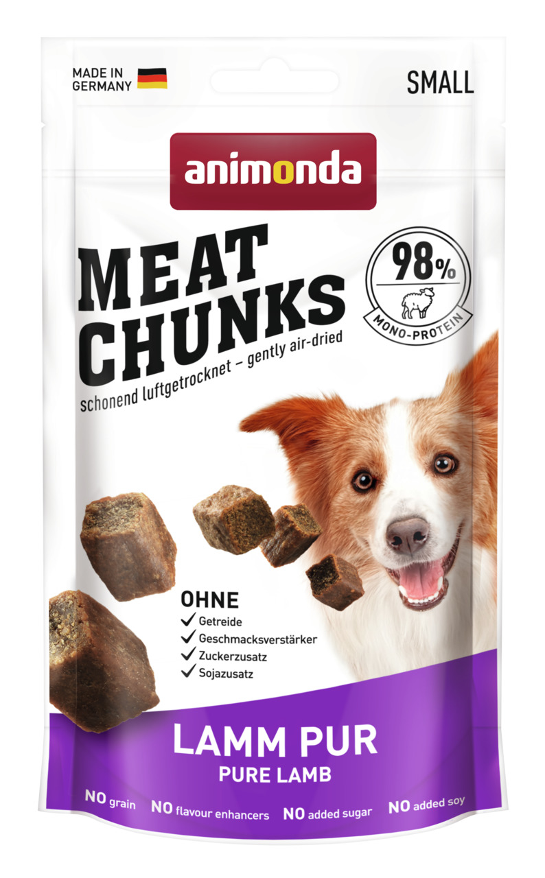animonda Meat Chunks Lamm Pur, Snacks f. kl. Hunde, 98 % Monoprotein (Lamm), ohne Getreide, Zucker, Soja, Geschmacksverstärker, 90 g