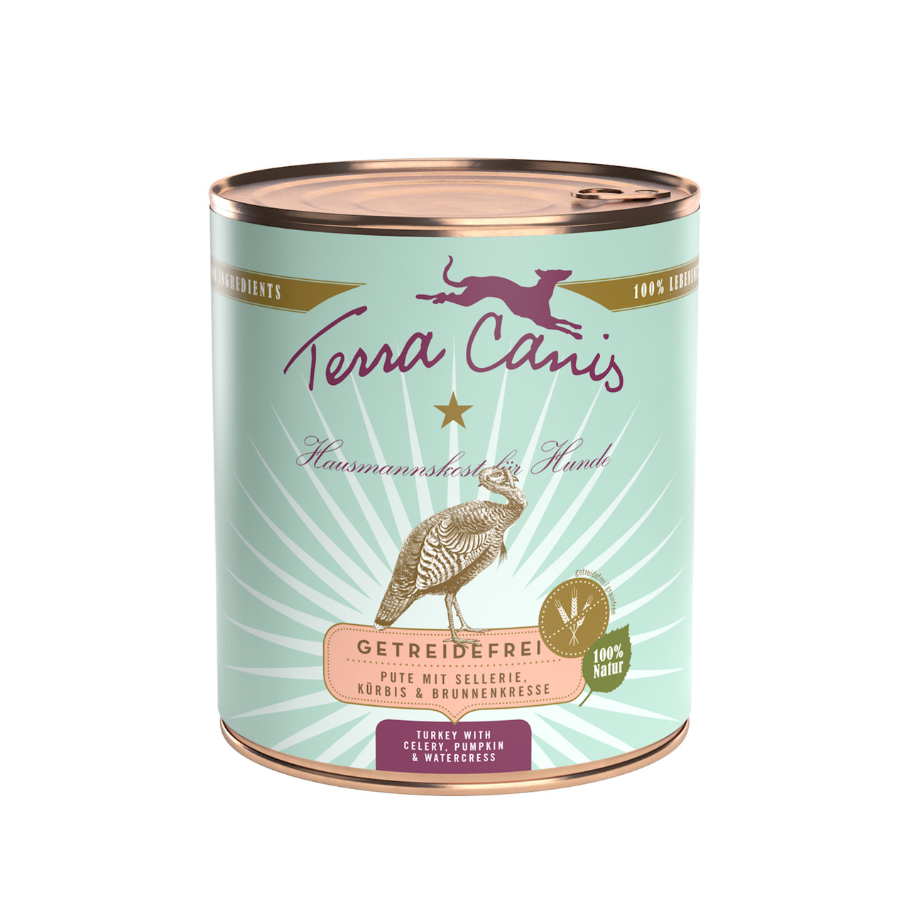 Terra Canis Hundefutter, Pute, Sellerie, Kürbis, Brunnenkresse, Hausmannskost, getreidefrei, hellgrünes Design, Menge unbekannt.