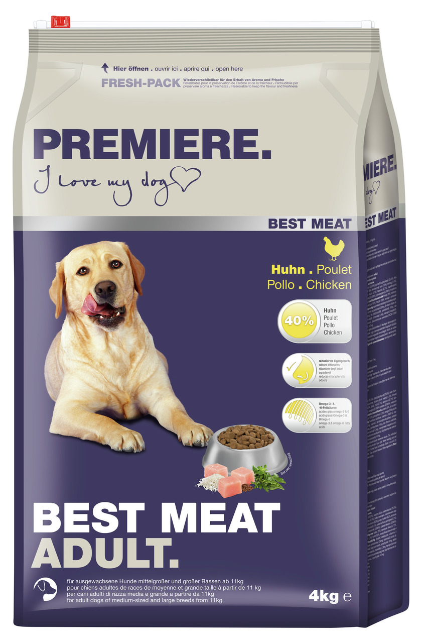 Das Bild zeigt eine Verpackung des Hundefutters „PREMIERE Best Meat Adult“ mit Huhn-Geschmack. Es ist für ausgewachsene Hunde mittelgroßer und großer Rassen ab 11 kg geeignet. Die Verpackung enthält 4 kg Futter und wirbt mit 40 % Huhn sowie Omega-3- und O