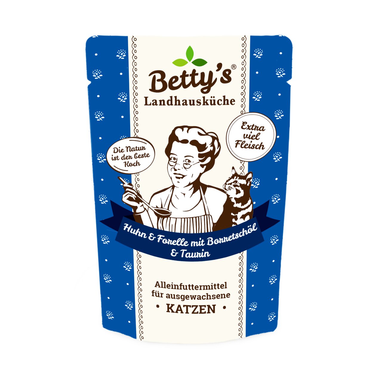 Betty's Landhausküche Katzenfutter für ausgewachsene Katzen, Huhn & Forelle, extra viel Fleisch, mit Borretschöl & Taurin.