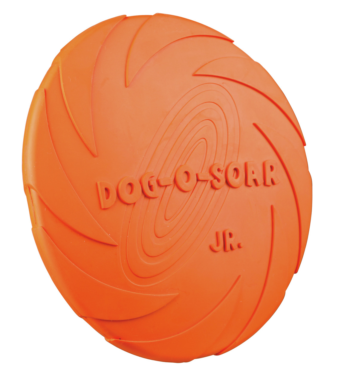 Das Bild zeigt eine orangefarbene Frisbee-Scheibe der Marke TRIXIE mit der Aufschrift „DOG-O-SOAR JR.“. Dieses Spielzeug ist speziell für Hunde entwickelt und eignet sich ideal für Wurf- und Apportierspiele. Es ist robust, leicht und für Hunde aller Größe